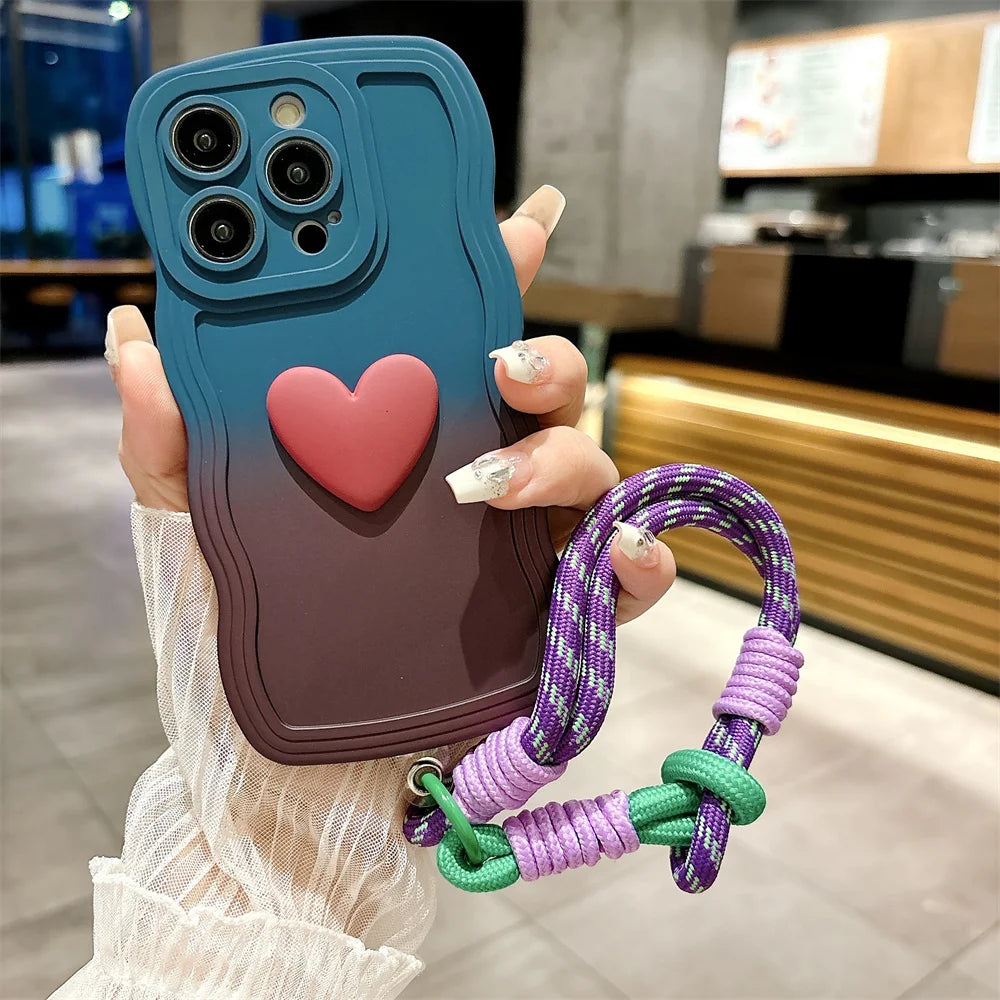 Cartoon Love Heart Gradient Case with Lanyard for iPhone 16/15/14/13/12/11/X/8/7 – Soft Wave Edge Wrist Strap Cover