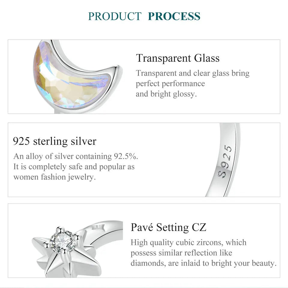 Sterling Silver Adjustable Moon and Star Ring – 925 Silver Cocktail Jewelry for Women