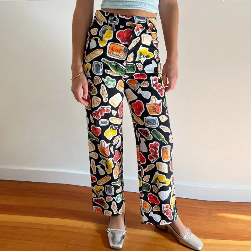 Women's Y2K Fruit Print Wide Leg Jeans – High Waist Loose Fit Straight Denim Pants with Pockets for Vintage Streetwear