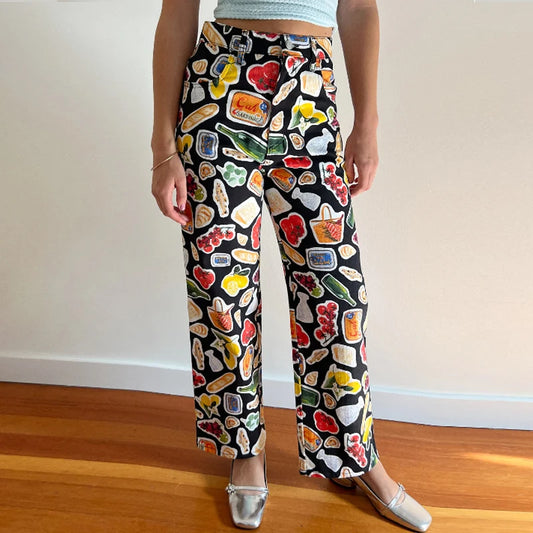 Women's Y2K Fruit Print Wide Leg Jeans – High Waist Loose Fit Straight Denim Pants with Pockets for Vintage Streetwear