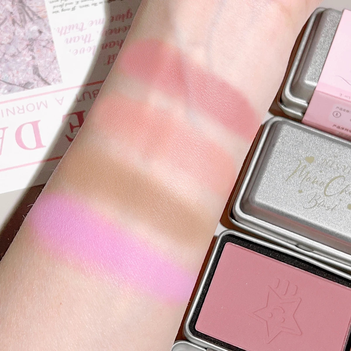 4-Color Monochrome Matte Blush in Iron Box – Peach Tone for Skin Brightening & Natural Contour /