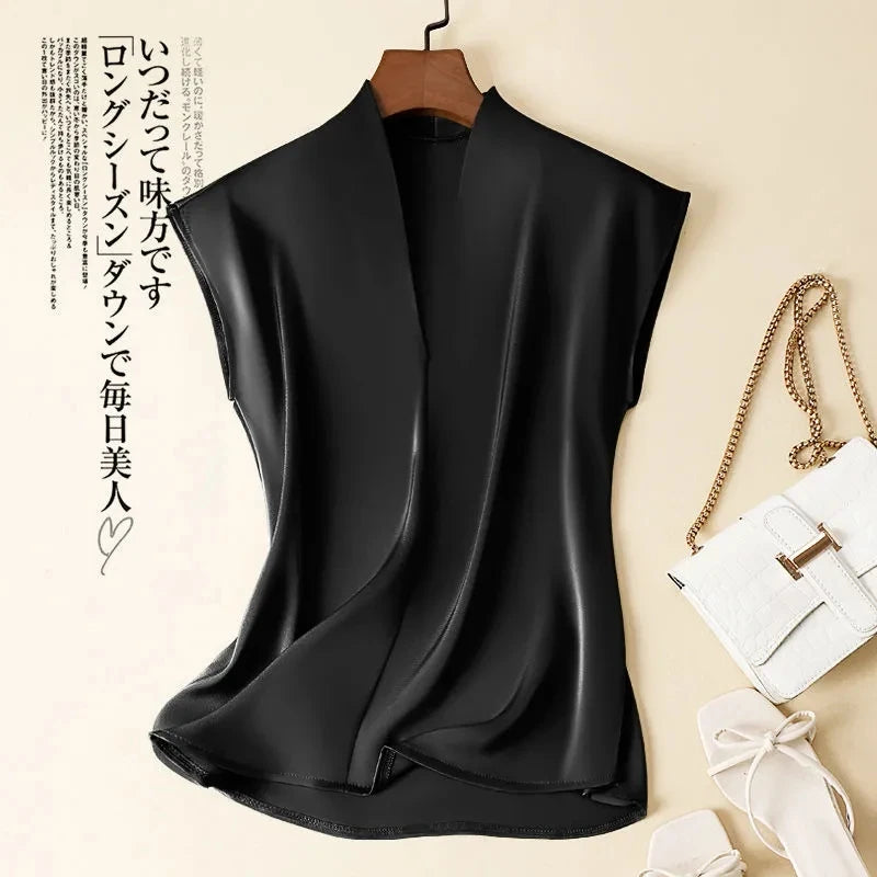 Silk-Blend Coffee V-Neck Sleeveless Blouse – Chic Casual Pullover for Women, Summer Korean Fashion