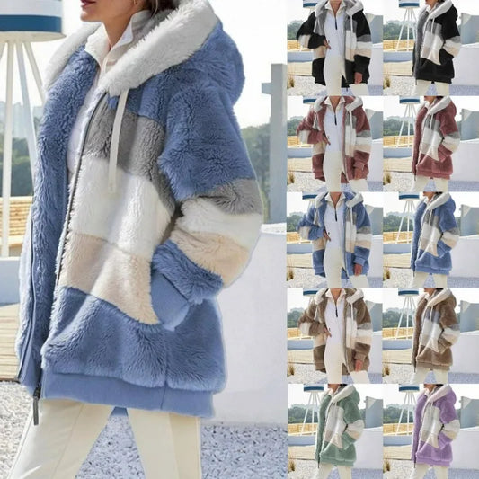 Women's Oversized Plush Hooded Jacket – Warm Loose Fit Zip-Up Streetwear Outerwear with Pockets