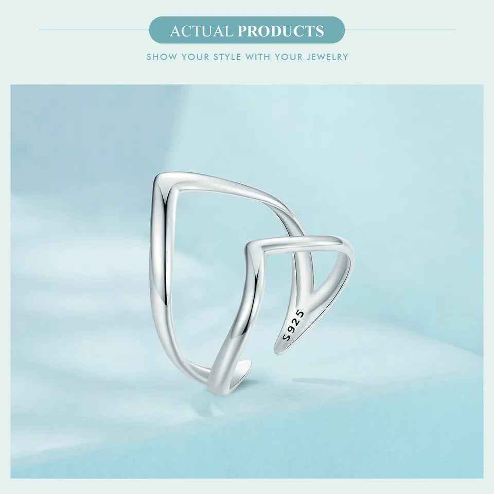 Adjustable V-Shaped Double Layer Ring in 925 Sterling Silver – Trendy Punk-Inspired Cocktail Ring for Women
