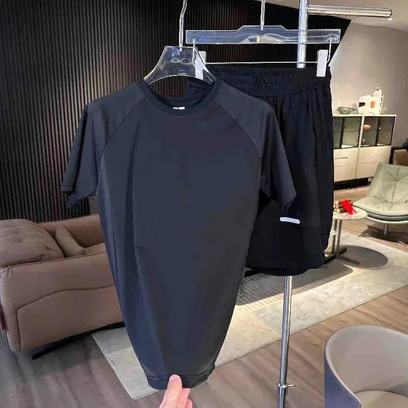 Summer Men's Ice Silk Two-Piece Set – Breathable Perforated Short Sleeve Top and Quick-Dry Shorts for Sports and Leisure