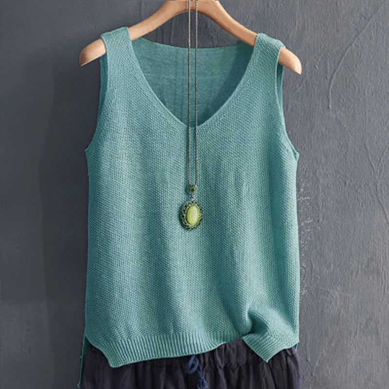 Sleeveless Knitted V-Neck Blouse for Women – Summer Casual Straight-Fit Top
