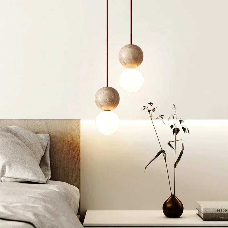 Stone Cream LED Pendant Light – Retro Round Ball Hanging Chandelier for Bedroom, Bedside, Bar, or Dining Table – Modern Long-Line Luminaire