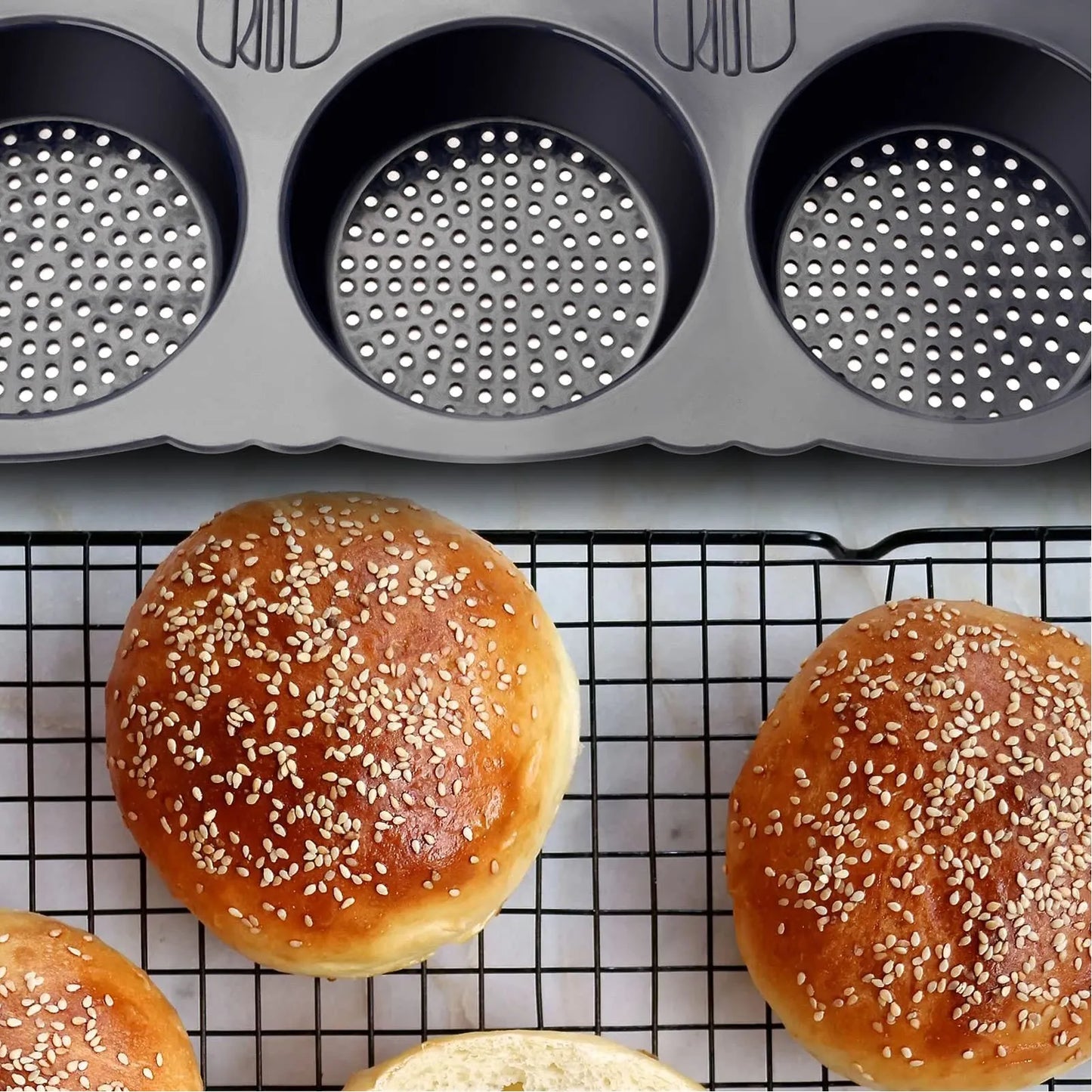 6-Cavity Silicone Hamburger Bun Mold – Reusable Foldable Bread Baking Tray, Heat Resistant from -40℉ to +446℉
