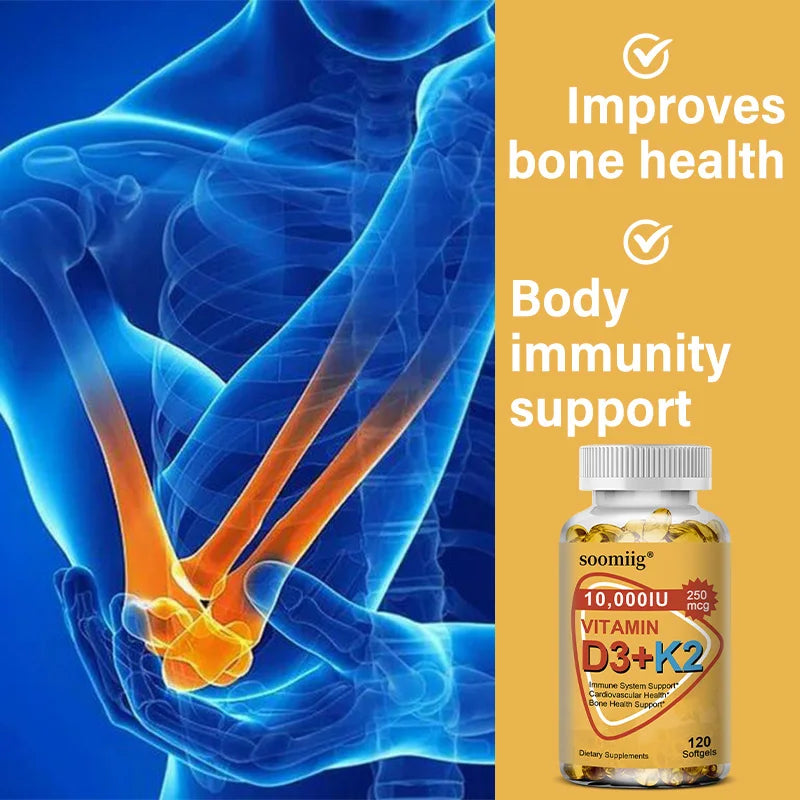 Vitamin D3 & K2 Supplement – 10,000 IU for Immune Support, Bone Strength, Heart Health, Hair, Skin & Nails – 120 Capsules
