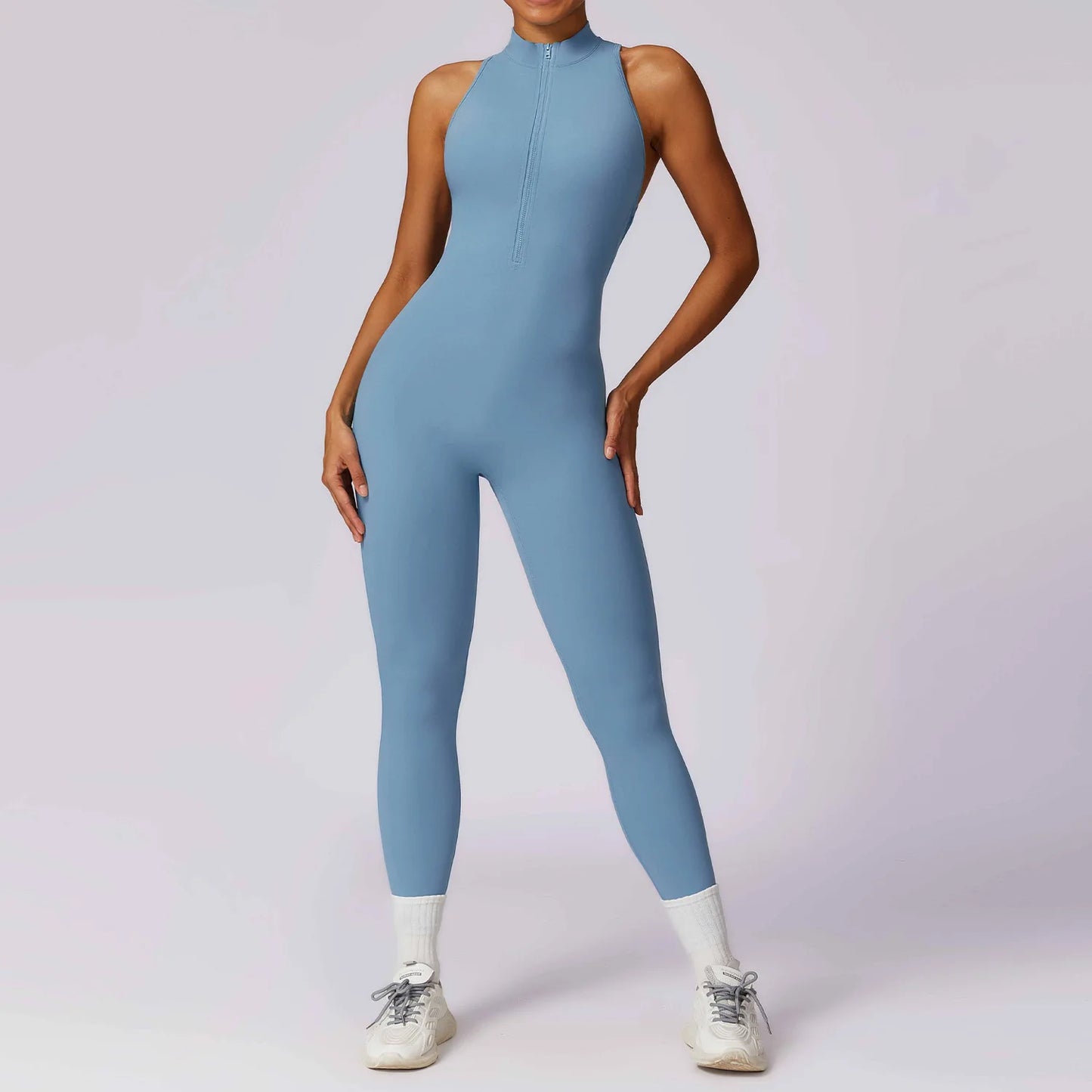 V-Back One-Piece Sports Jumpsuit for Women – Sleeveless Zipper Workout Romper for Yoga, Running & Fitness
