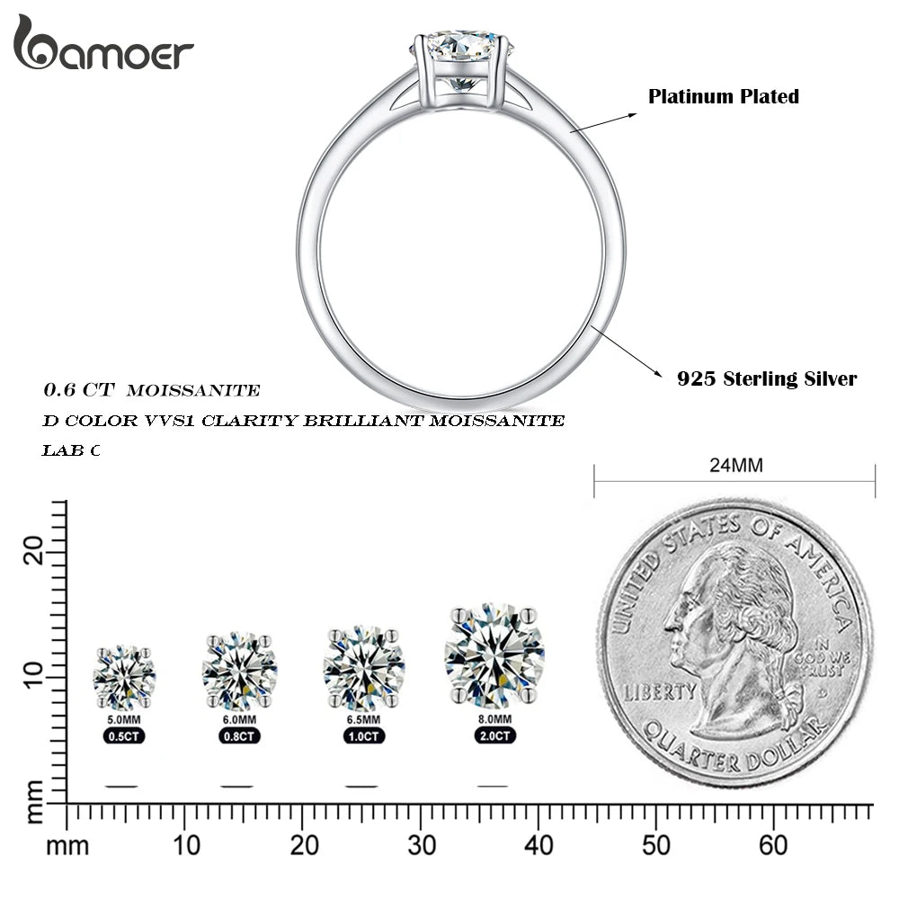 0.6 Carat Round Moissanite Engagement Ring – Platinum Plated 925 Sterling Silver Solitaire with 4-Prong Setting for Women