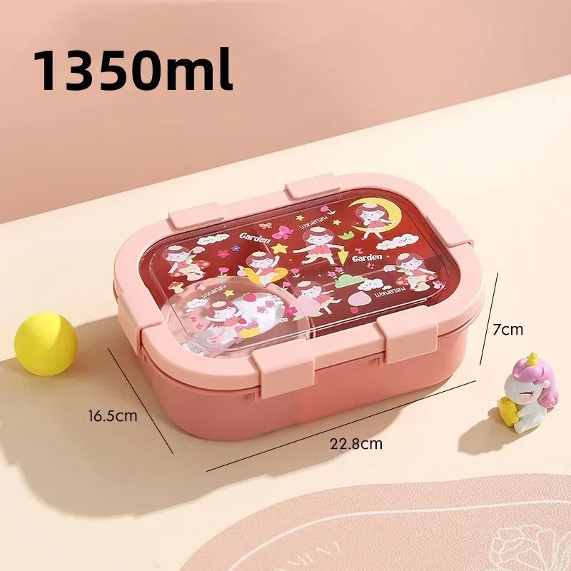 Cartoon Compartment Lunch Box for Kids – Leakproof Bento with Soup Bowl and Utensils, Microwave-Safe Meal Storage