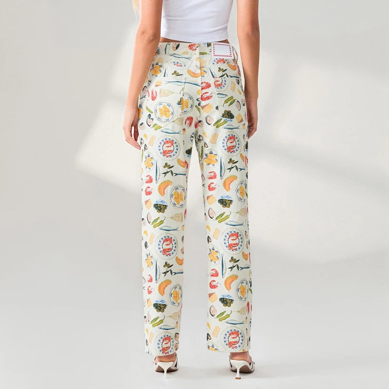 Women's Y2K Fruit Print Wide Leg Jeans – High Waist Loose Fit Straight Denim Pants with Pockets for Vintage Streetwear