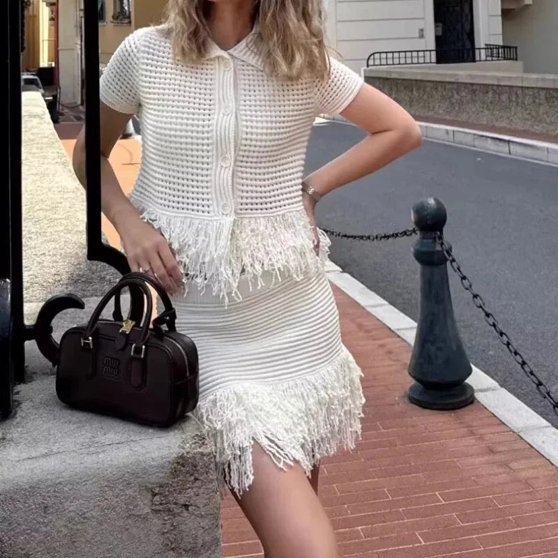 Women's Elegant Knit Two-Piece Set – Tassel Embellished Hollow Out Short Sleeve Blouse & Mini Skirt