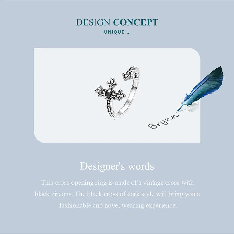 Sterling Silver Faith Cross Open Ring with Black Zircon – Vintage Statement Adjustable Ring for Women
