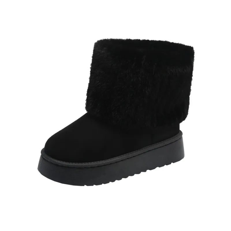 Women's Waterproof Winter Snow Boots – Black Round Toe Flock Mid-Heel Ankle Boots with Plush Lining
