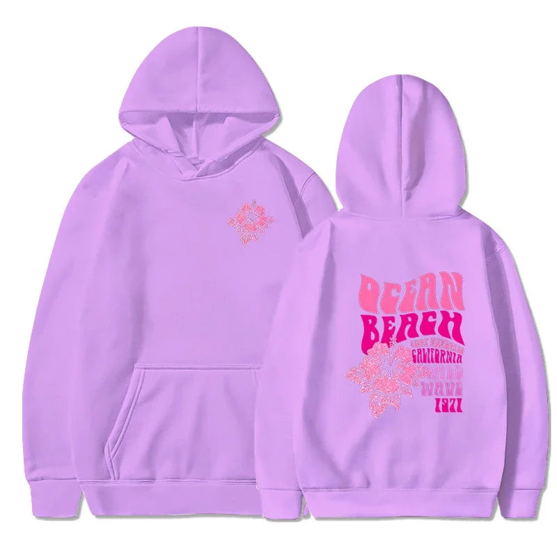 Beach Aesthetic Pink Hoodie with Ocean Flower Slogan – Casual Fleece Pullover Sweatshirt for Women