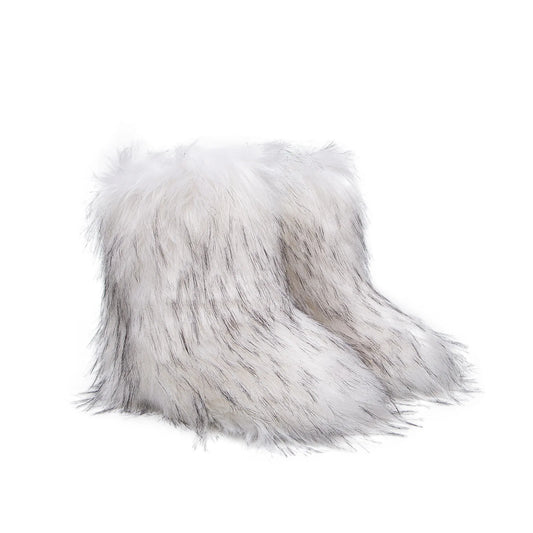 Women's Faux Fur Winter Snow Boots – Mid-Calf Plush Furry Slip-On Boots with Warm Lining and Rubber Sole
