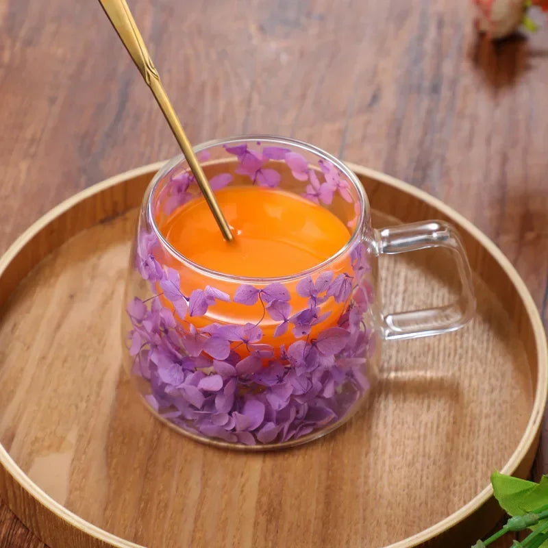 200ml Double-Wall Glass Coffee Cup with Handle – Transparent Floral Design, Heat-Resistant Insulated Juice Mug