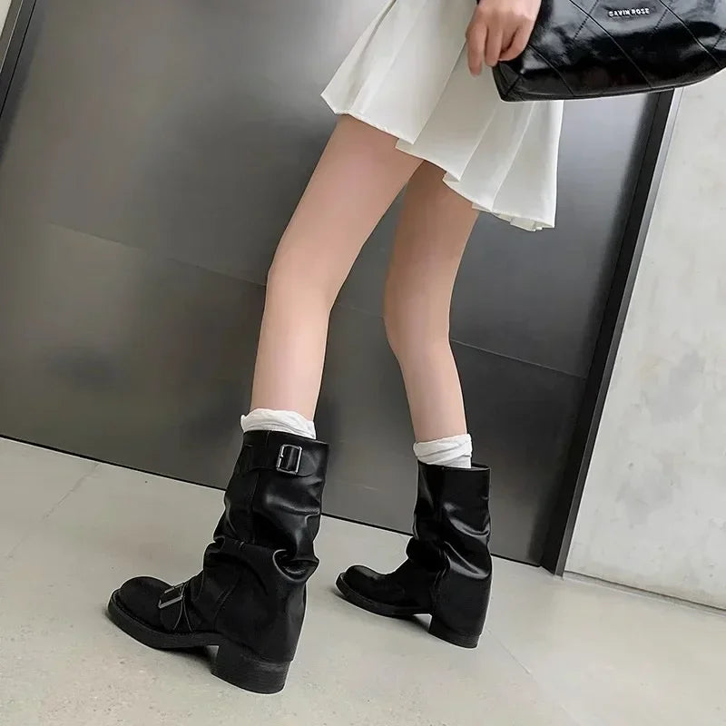 Women's Pleated Slip-On Knight Boots – Brown PU Leather Mid-Calf Riding Boots with Buckle and Thick Heel