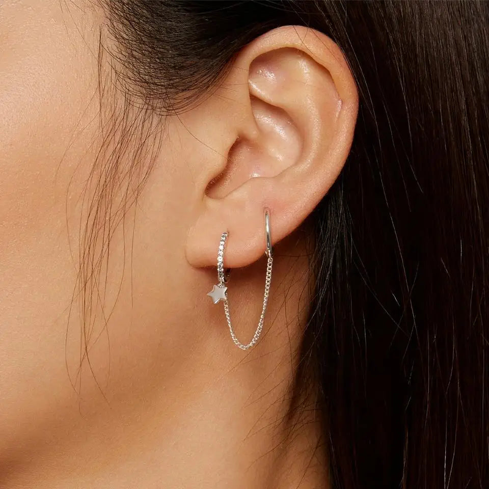 Sterling Silver Mono Double Hoop Chain Earring – Star Statement Design for Women & Teen Girls (Single Piece)