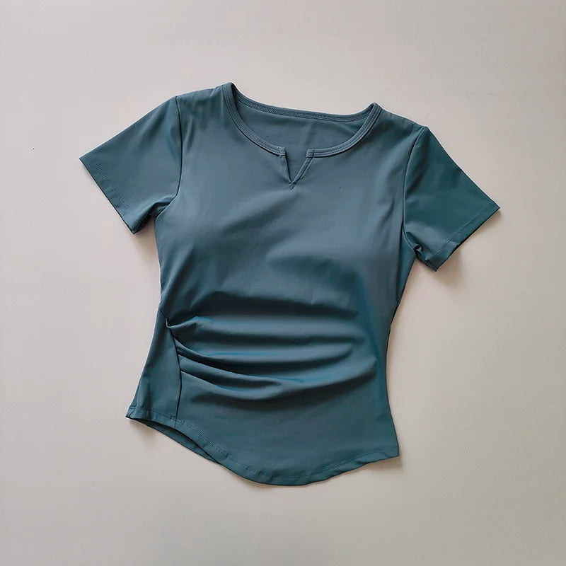 V-Neck Yoga Training Top – Women's Short Sleeve Tie-Front Gym Shirt with Built-In Bra