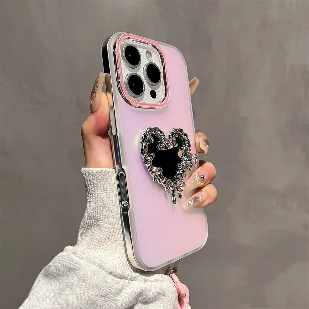 Aurora Love Heart Mirror Case with Wrist Strap for iPhone 16/15/14/13 Pro Max – Laser Gradient Lanyard Makeup Cover