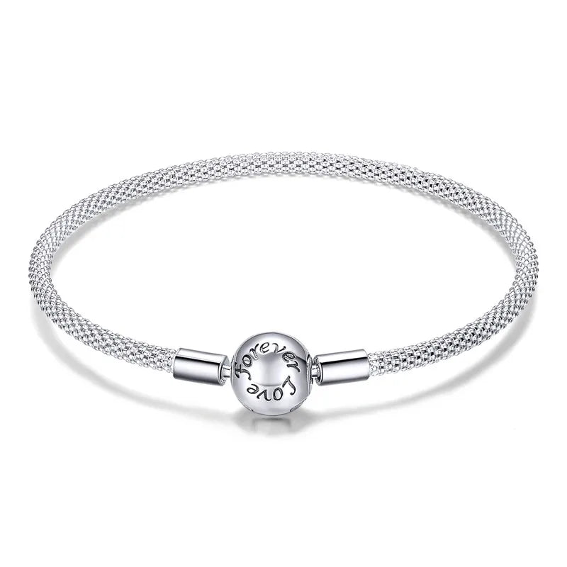 Sterling Silver Rose Buckle Charm Bracelet – 925 Silver Classic DIY Bead Chain for Women, 17CM/19CM/21CM
