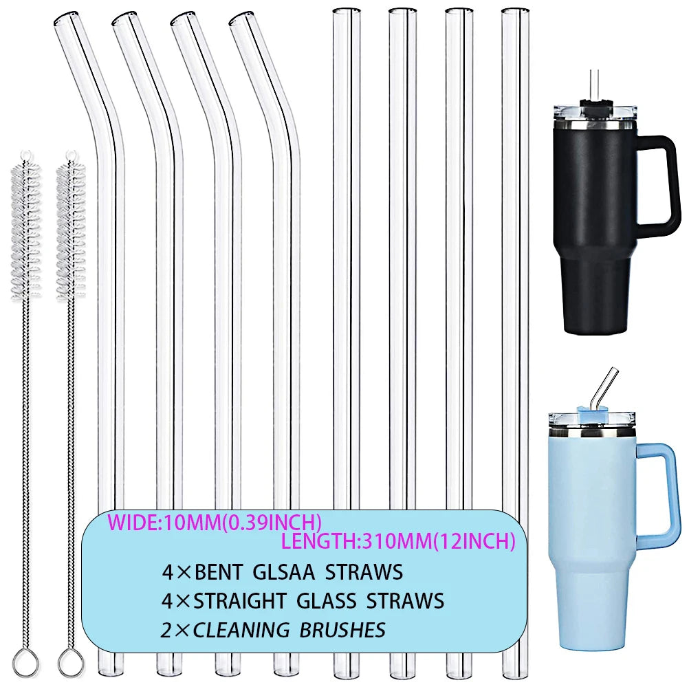 12" Extra-Long Reusable Glass Straws for 30/40oz Stanley Cups – Dishwasher Safe with Cleaning Brush