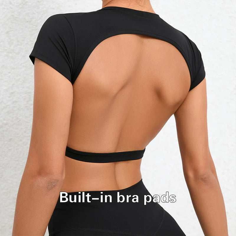 Backless Breathable Workout Crop Top – Short Sleeve Sports Shirt for Women