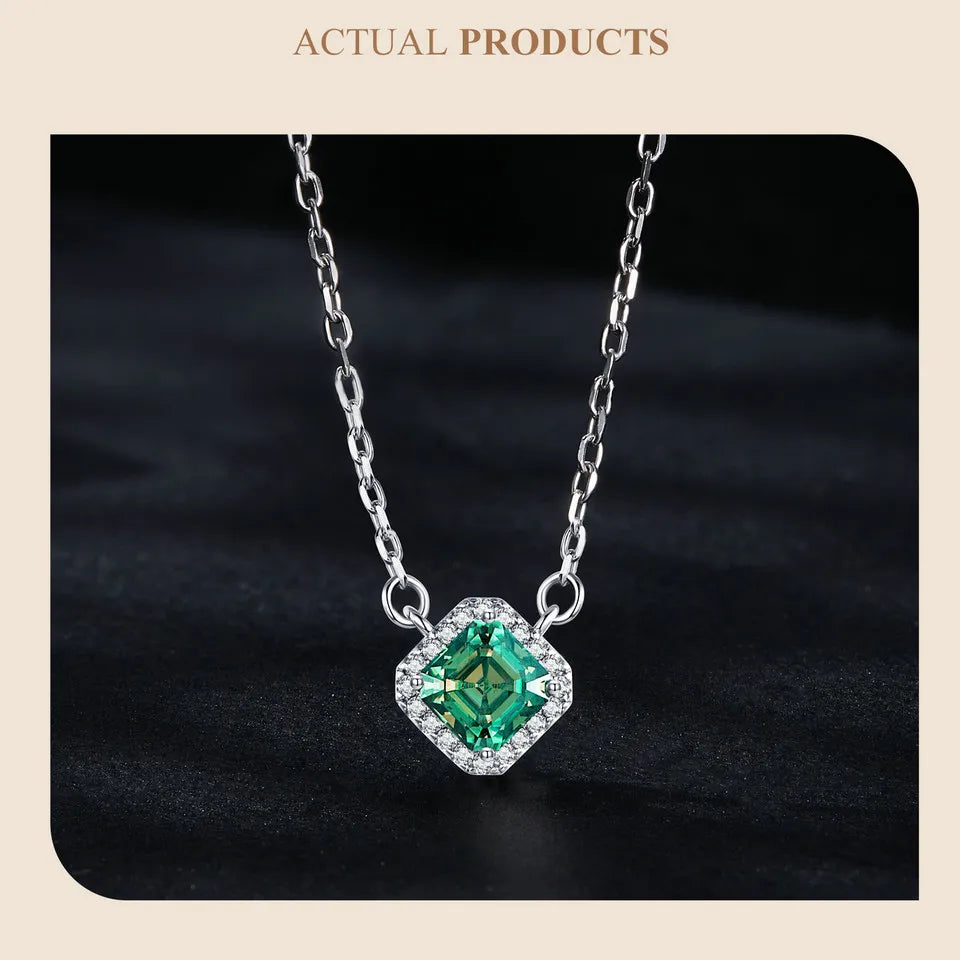 925 Sterling Silver Green Moissanite Pendant Necklace for Women – VVS1 Lab Diamond, 18K White Gold Plated, Classic Fine Jewelry Gift