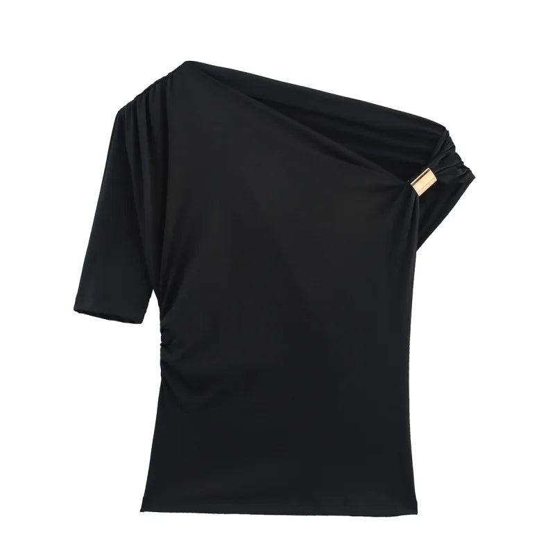 Women's Elegant Asymmetric Off-Shoulder Slim T-Shirt – Sexy Short Sleeve Casual Top for Summer Night Out