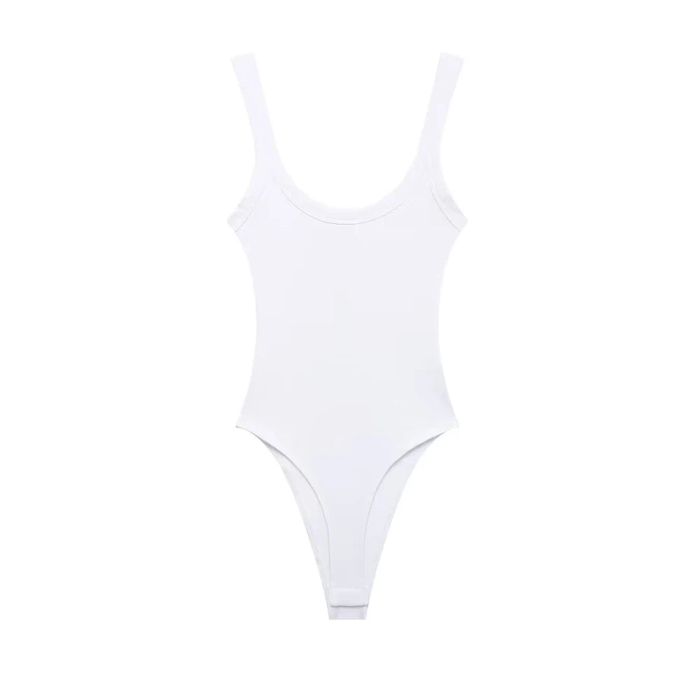 Skinny Ribbed Bodysuit for Women – O-Neck Strappy One-Piece with Snap Closure