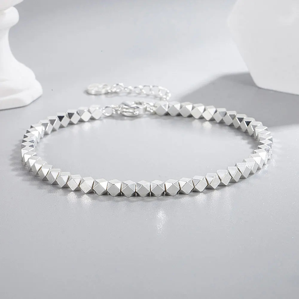 925 Sterling Silver Geometric Irregular Bead Chain Bracelet – Elegant Charm Jewelry for Women’s Party or Wedding Look