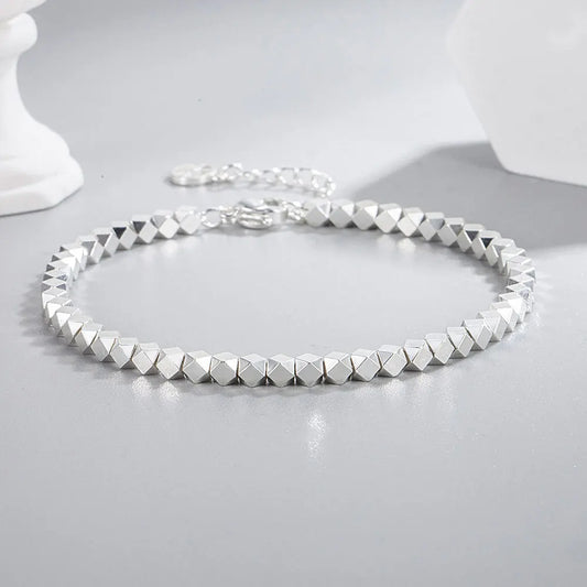925 Sterling Silver Geometric Irregular Bead Chain Bracelet – Elegant Charm Jewelry for Women’s Party or Wedding Look