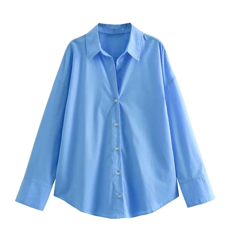 Women's Striped Poplin Button-Down Shirt – Loose Fit, Long Sleeve, Casual Lapel Top
