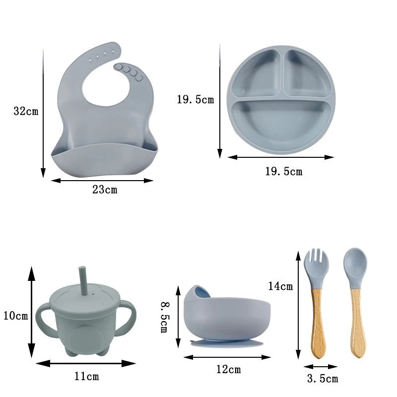 Children's Silicone Tableware Set – 6/8-Piece Baby Feeding Kit with Suction Bowl, Fork, Spoon, Bib, Straw & Cup