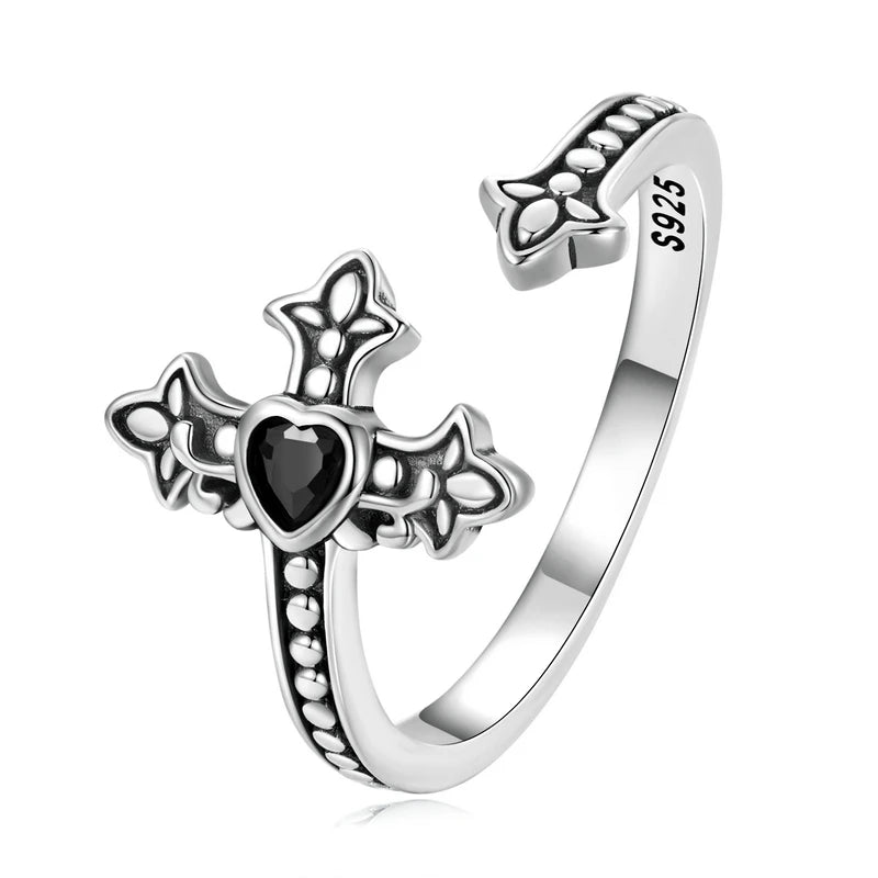 Sterling Silver Faith Cross Open Ring with Black Zircon – Vintage Statement Adjustable Ring for Women