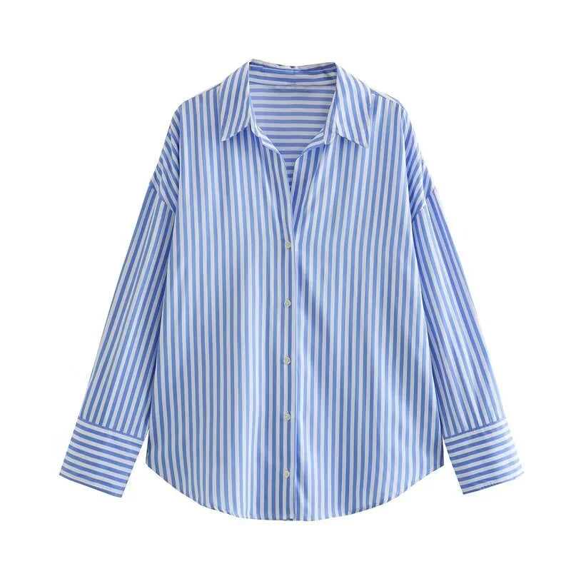 Women's Striped Poplin Button-Down Shirt – Loose Fit, Long Sleeve, Casual Lapel Top