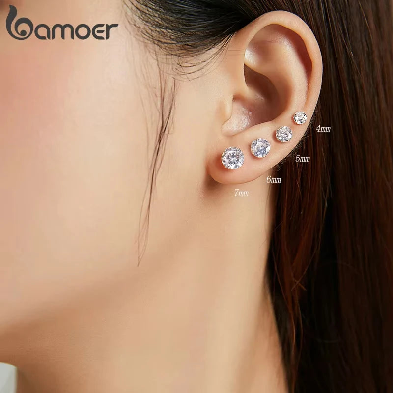 Sterling Silver CZ Stud Earrings – Round Platinum-Plated Hypoallergenic Zirconia in Multiple Sizes (4mm–7mm)