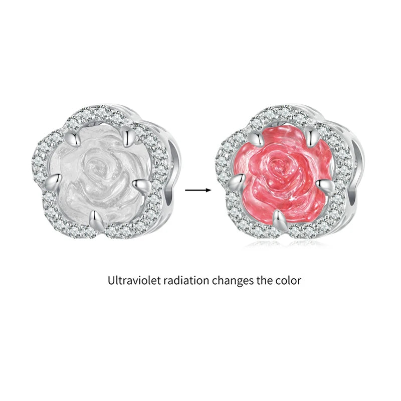 925 Sterling Silver Rose Hanging Charm – Color-Changing Flower Pendant for Bracelet or Necklace DIY