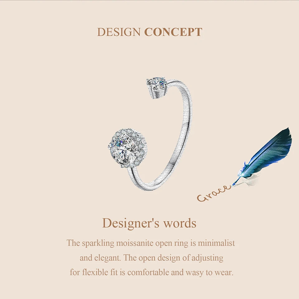 Adjustable Moissanite Open Ring – 925 Sterling Silver with White Gold Plating, 0.7CT D Color VVS1 Stones for Women