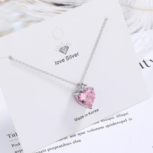 925 Sterling Silver Pink Heart Zircon Necklace – Romantic Chain Necklace for Women