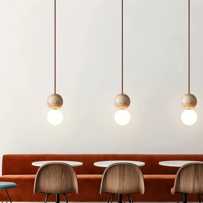 Stone Cream LED Pendant Light – Retro Round Ball Hanging Chandelier for Bedroom, Bedside, Bar, or Dining Table – Modern Long-Line Luminaire