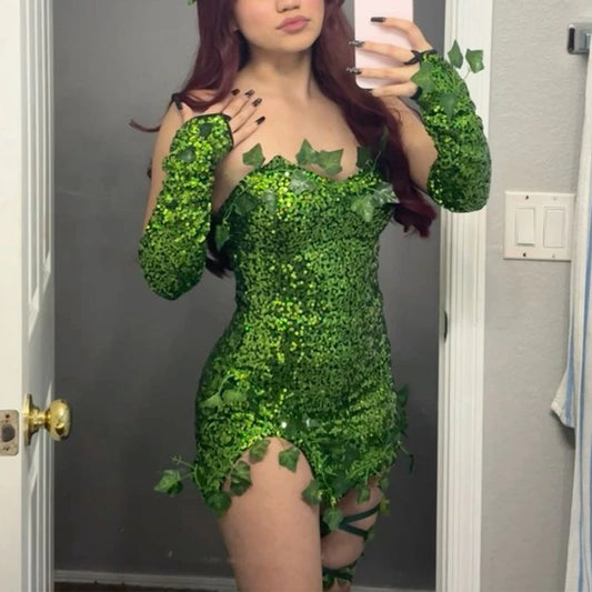 Women's Halloween Forest Fairy Elf Costume – Sequin Dress with Gloves for Cosplay and Fancy Dress Parties