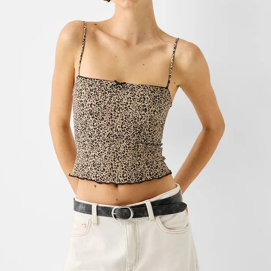 Women's Vintage Leopard Print Backless Crop Top – Slim Fit Spaghetti Strap Camisole with Bow Detail for Summer Y2K Style