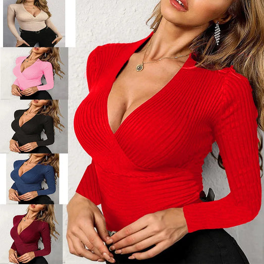 Women's Slim Fit V-Neck Long Sleeve Knit Top – Solid Color Stretchy Jersey T-Shirt for All Seasons