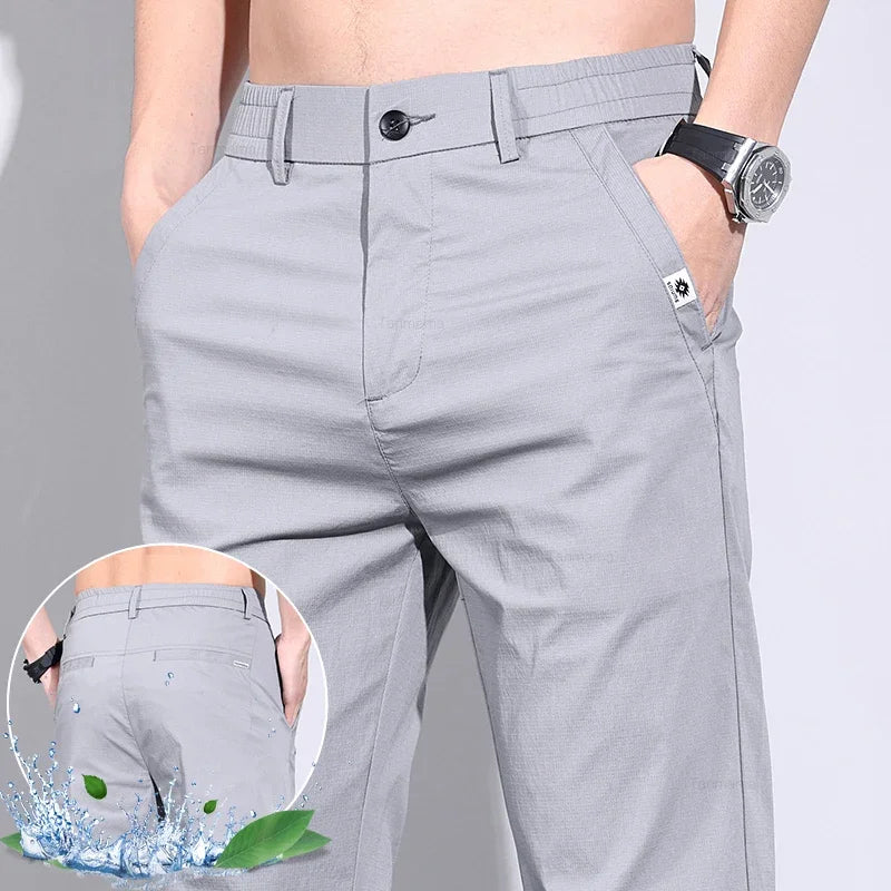 Ultra-Thin Ice Silk Men's Summer Business Pants – Slim Fit Stretch Straight Trousers with Pockets