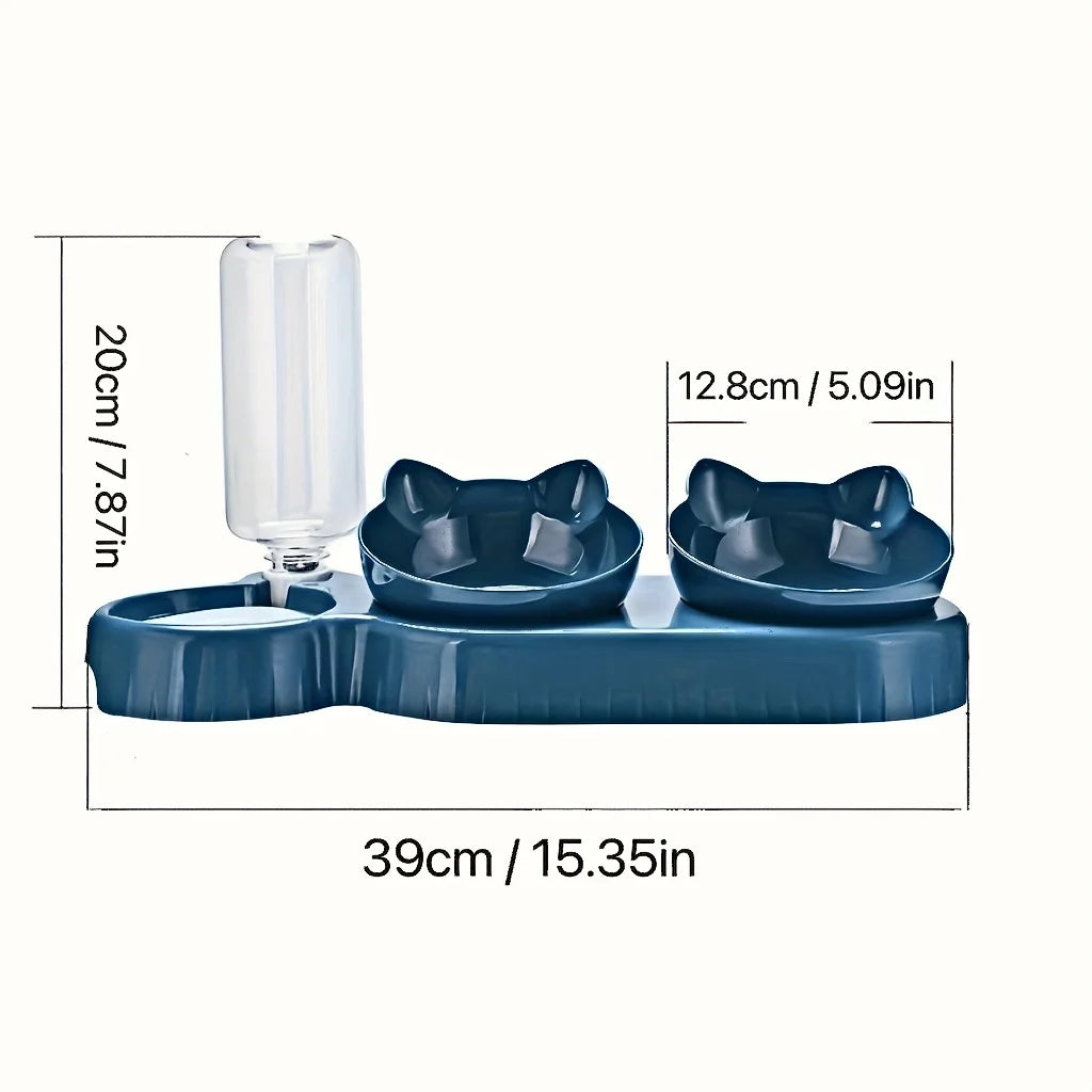 3-in-1 Tilted Cat Food and Water Bowl Set with Gravity Water Feeder – Ergonomic Raised Design for Neck Protection