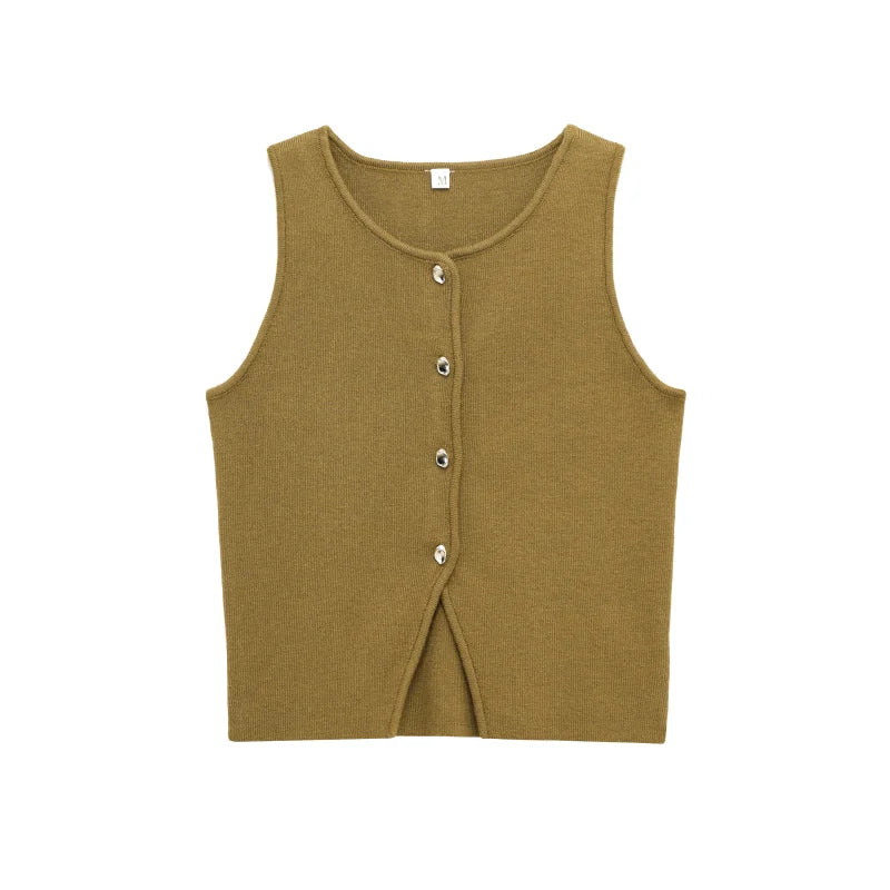 Slim Fit Knit Button Vest – Sleeveless Round Neck Solid Color Crop Top